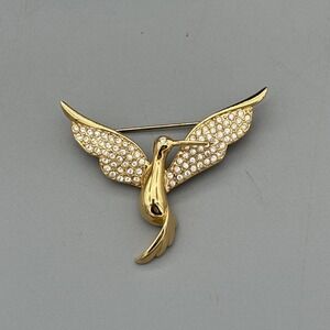 Vintage Napier Bird Brooch Goldtone Rhinestone 1.75" Signed GIFT